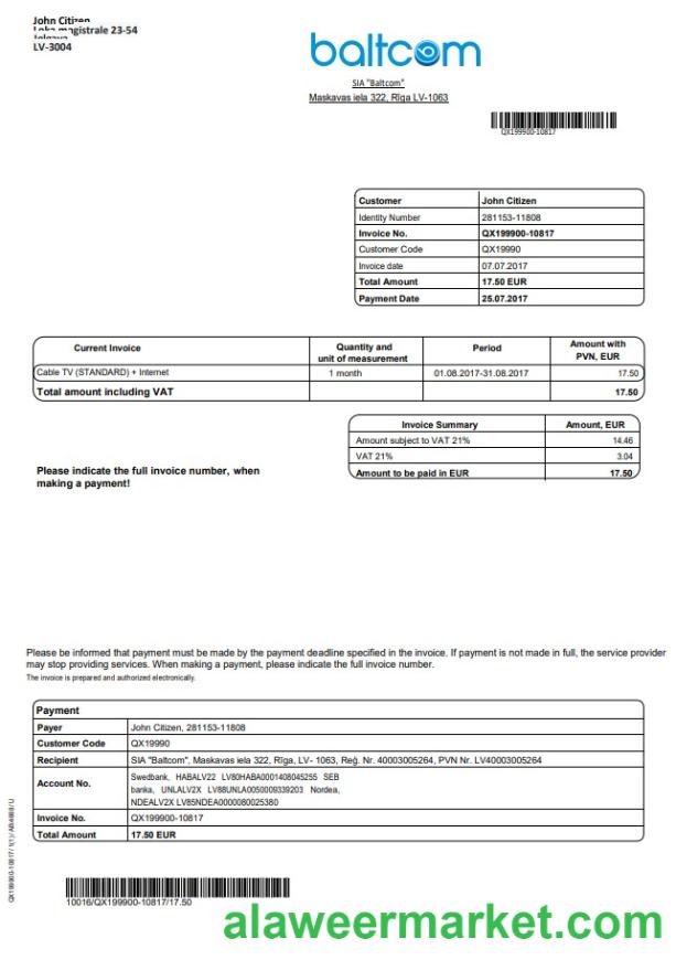 Latvia Baltcom telecommunications utility bill template in Word and PDF format (English version)
